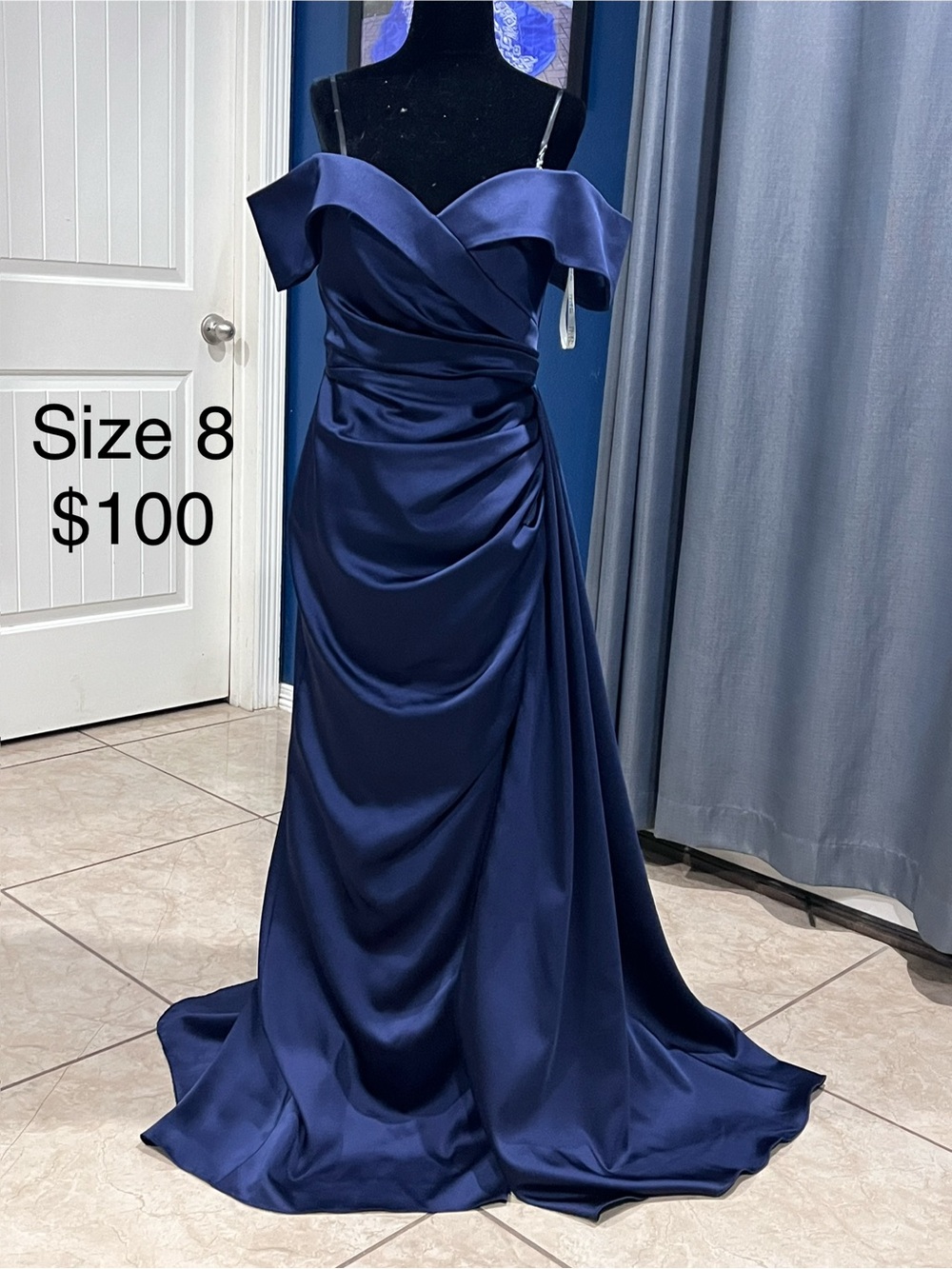 Off-Shoulder Navy Satin Evening Dress - Size 8